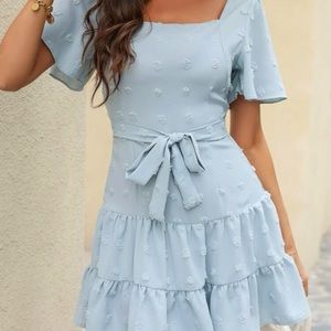 SHEIN Swiss Dot Ruffle Hem Belted Dress